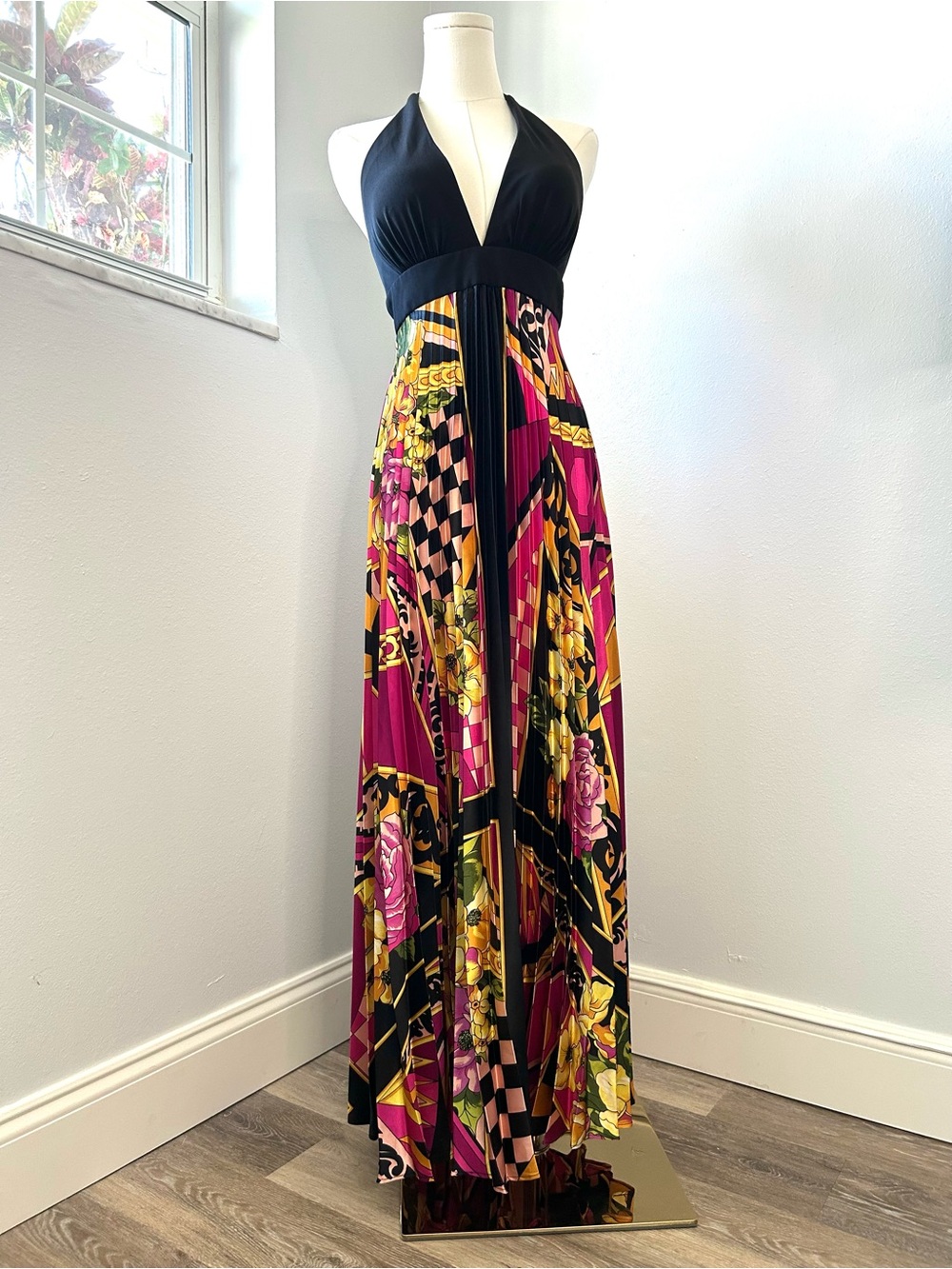 Cache Vintage Y2K Black Pink Satin Pleated Scarf Print Halter Maxi Dress Small - Picture 2 of 8
